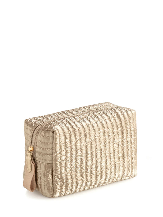Shiraleah Logan Large Boxy Cosmetic Pouch in cream quilted material with gold zipper