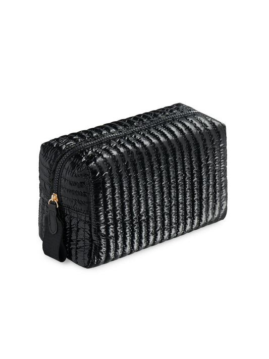 Shiraleah Logan Large Boxy Cosmetic Pouch in black quilted material with gold hardware