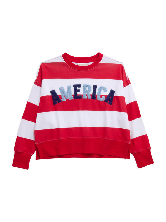 The Shiraleah "America" Rugby Stripe Relaxed Sweatshirt in white features bold red and white rugby stripes and "AMERICA" in blue letters across the chest, shown on a plain white background.