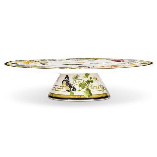 Abbott Butterfly Garden Pedestal Cake Stand, 10.5 inches, with colorful butterflies and botanical motif on cream porcelain base
