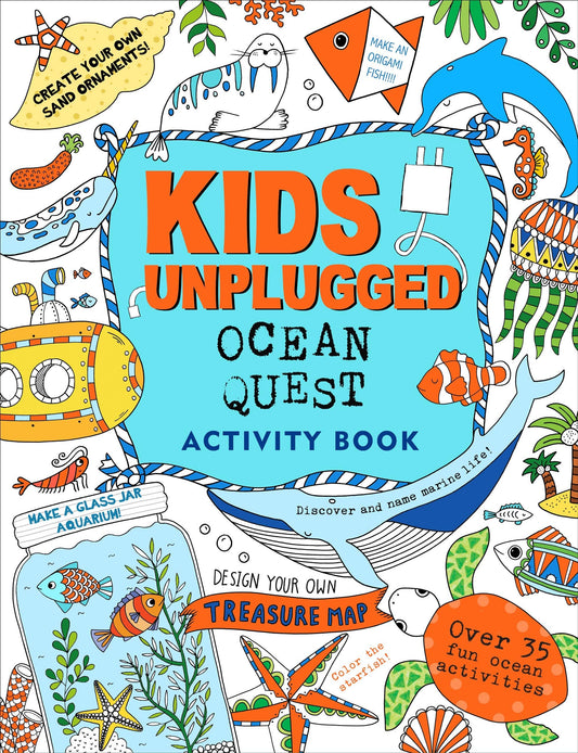 Kids Unplugged Ocean Quest Activity Book cover with colorful ocean-themed illustrations including whales, submarines, fish, and sea creatures on blue