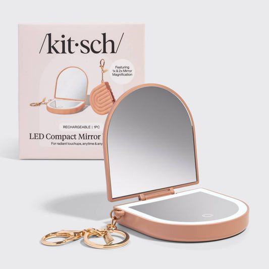 Kitsch terracotta LED compact mirror keychain with packaging, open and closed views