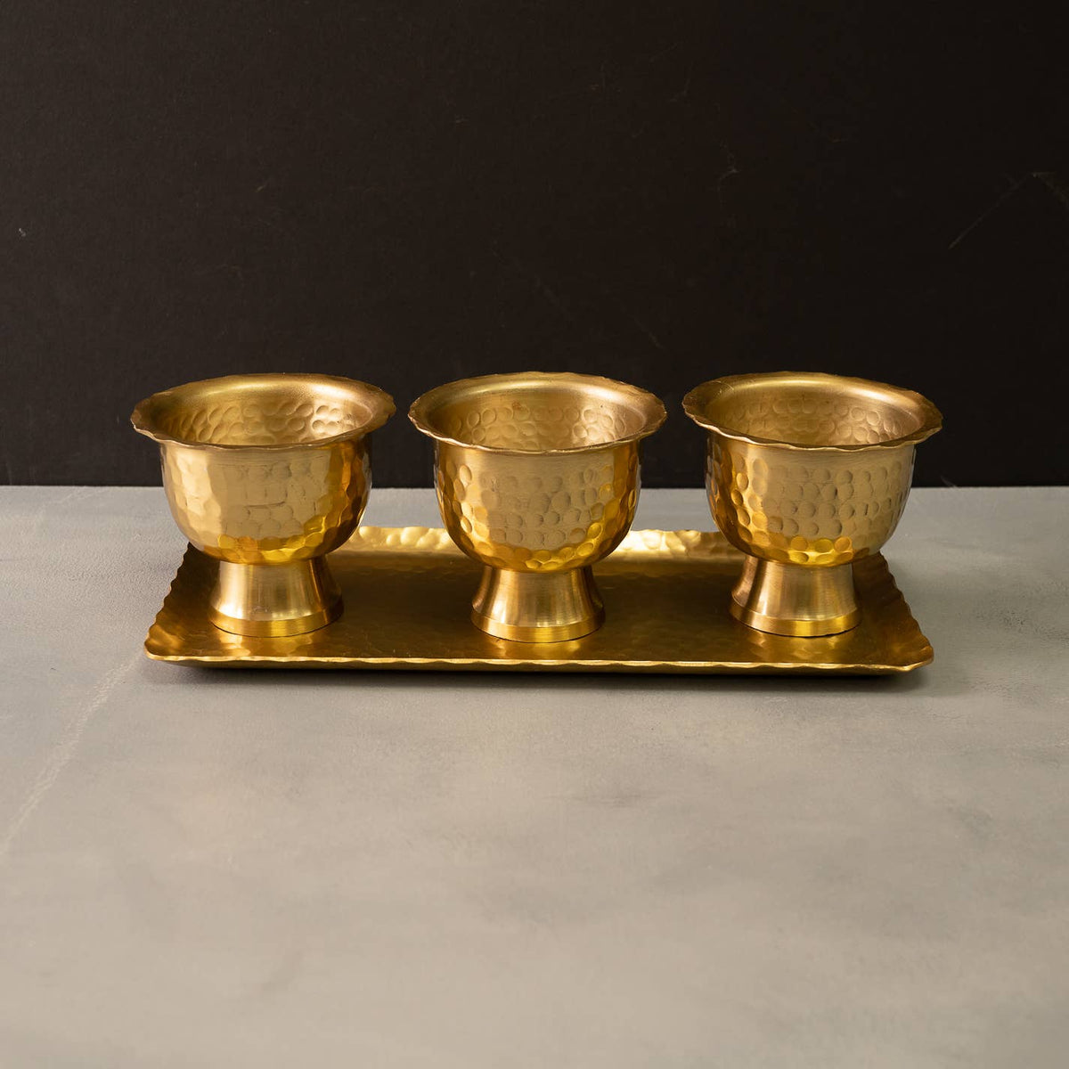 India Handicrafts Inc Gold Aluminum Serving Tray with three hammered pedestal bowls, front view