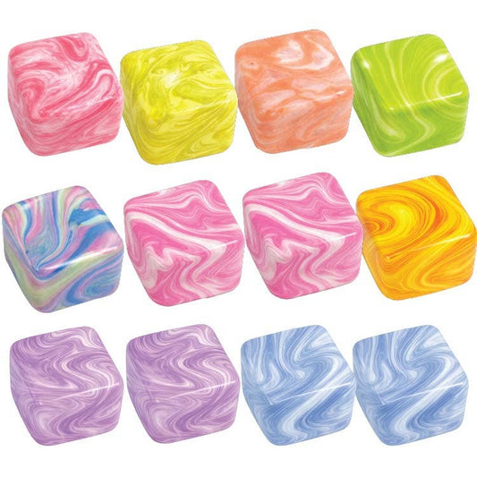12 Fun Doh Squishy Cubes arranged in grid showing swirl patterns in pink, yellow, coral, lime, rainbow, purple, and blue