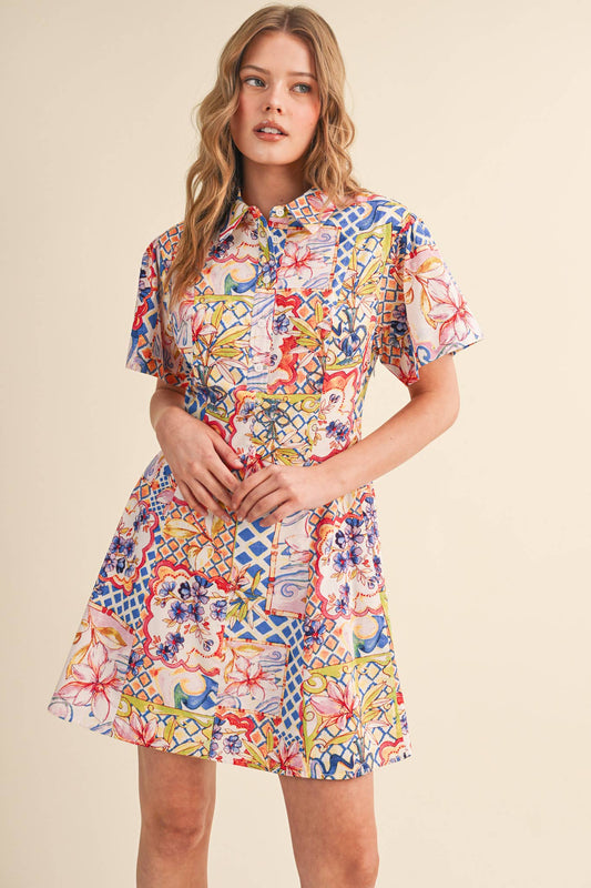 &MERCI - EXCLUSIVE FLORAL FIT & FLARE SHORT SLEEVE MINI DRESS