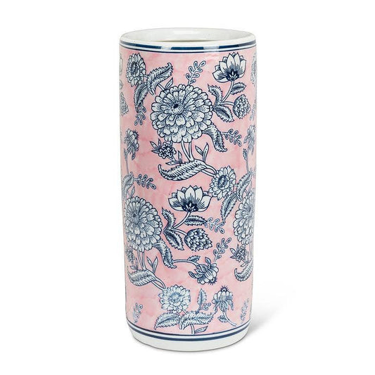 Abbott Floral Print Umbrella Stand in pink with blue botanical pattern, 18 inches tall