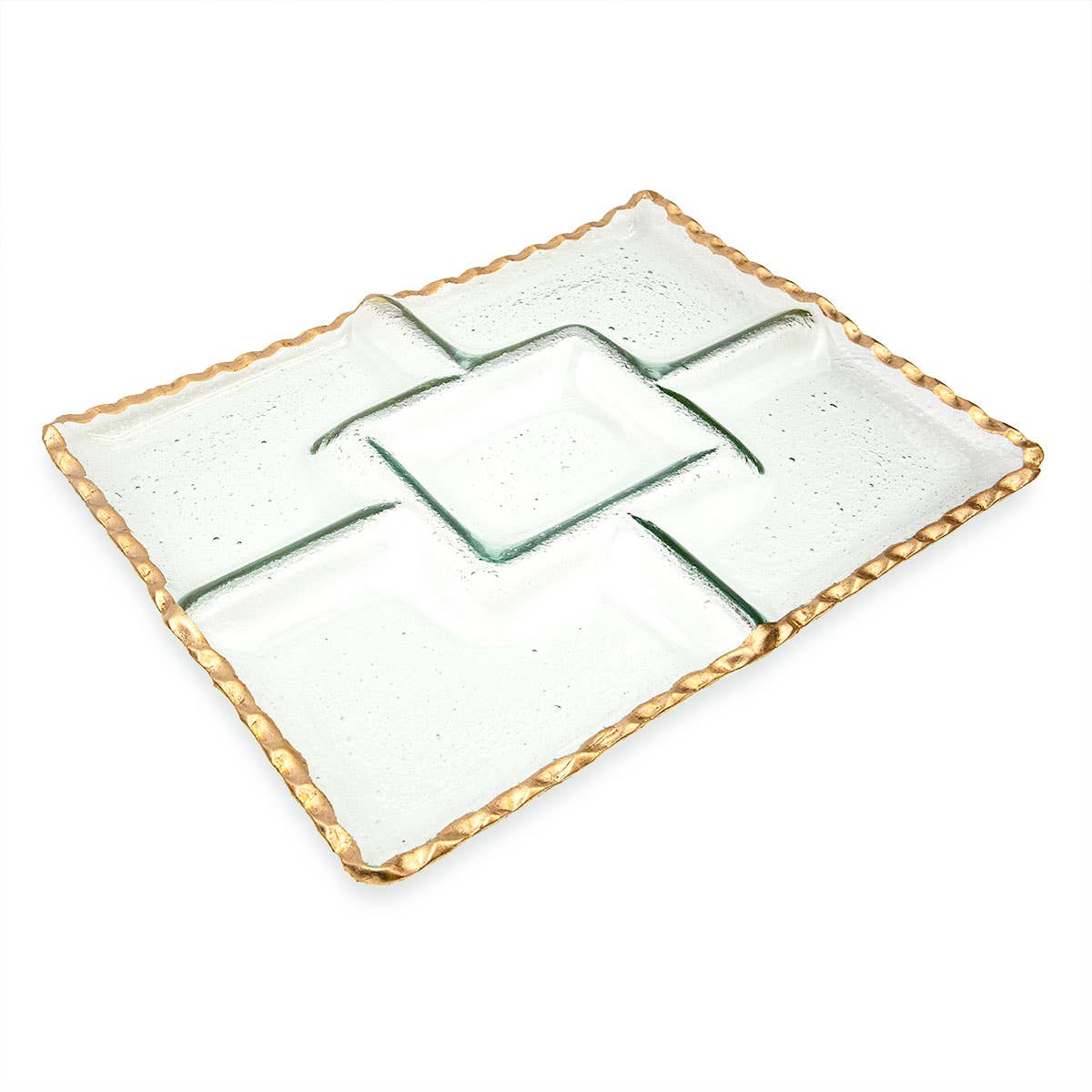 The Royal Standard - Bonaparte Chip and Dip Serving Tray features five sections and a textured gold border, making it perfect for serving appetizers at your next table dining experience; shown here photographed on a white background.