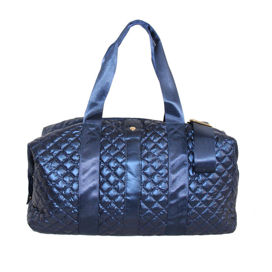 Lemonbella Sapphire Weekender Duffle in navy quilted nylon with striped panel accents and dual handles