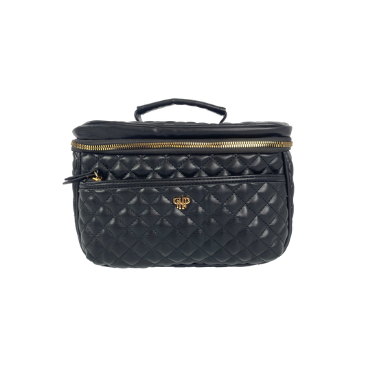 PurseN Classic Train Case in black quilted leather with gold hardware and top handle