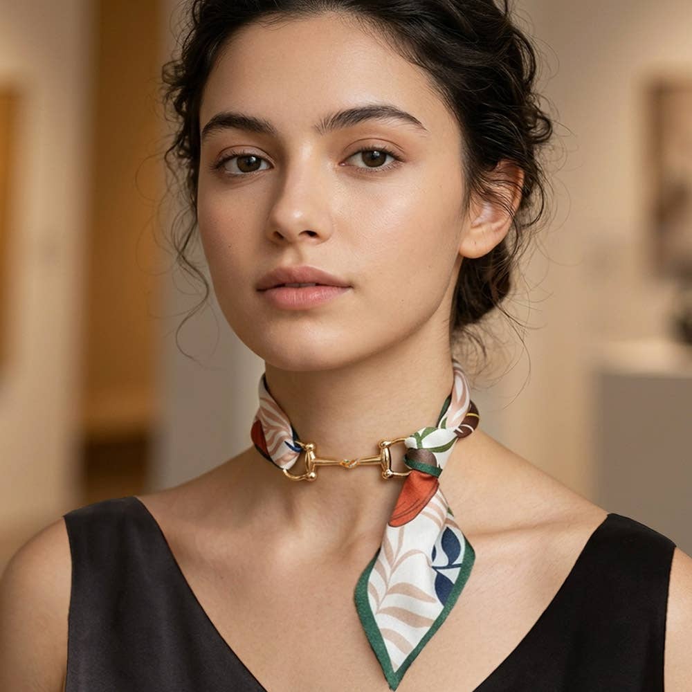 Sensibling Corp. - Metal Horsebit Accent Silky Fabric Scarf Necklace
