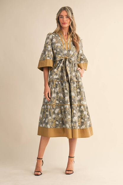 &MERCI - FLORAL PRINT CONTRAST BINDING BELTED MIDI DRESS