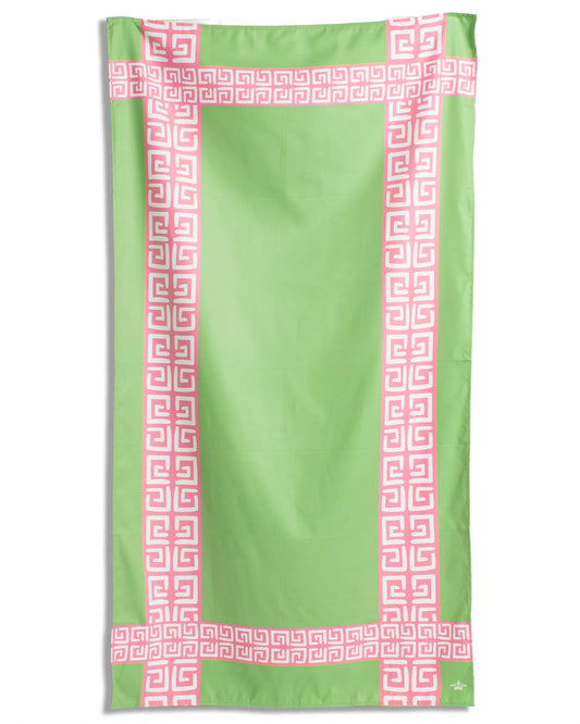 The Royal Standard Cabana Cove Giant Beach Towel in green with pink and white geometric Greek key border pattern