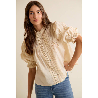 So Me - LACE PINTUCK BUTTON SHORT SLEEVES COTTON BLOUSE TOP