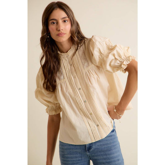 So Me - LACE PINTUCK BUTTON SHORT SLEEVES COTTON BLOUSE TOP