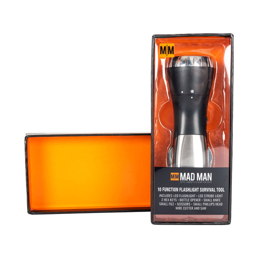 Mad Man 10 Function Flashlight Survival Tool in packaging with black and silver flashlight visible