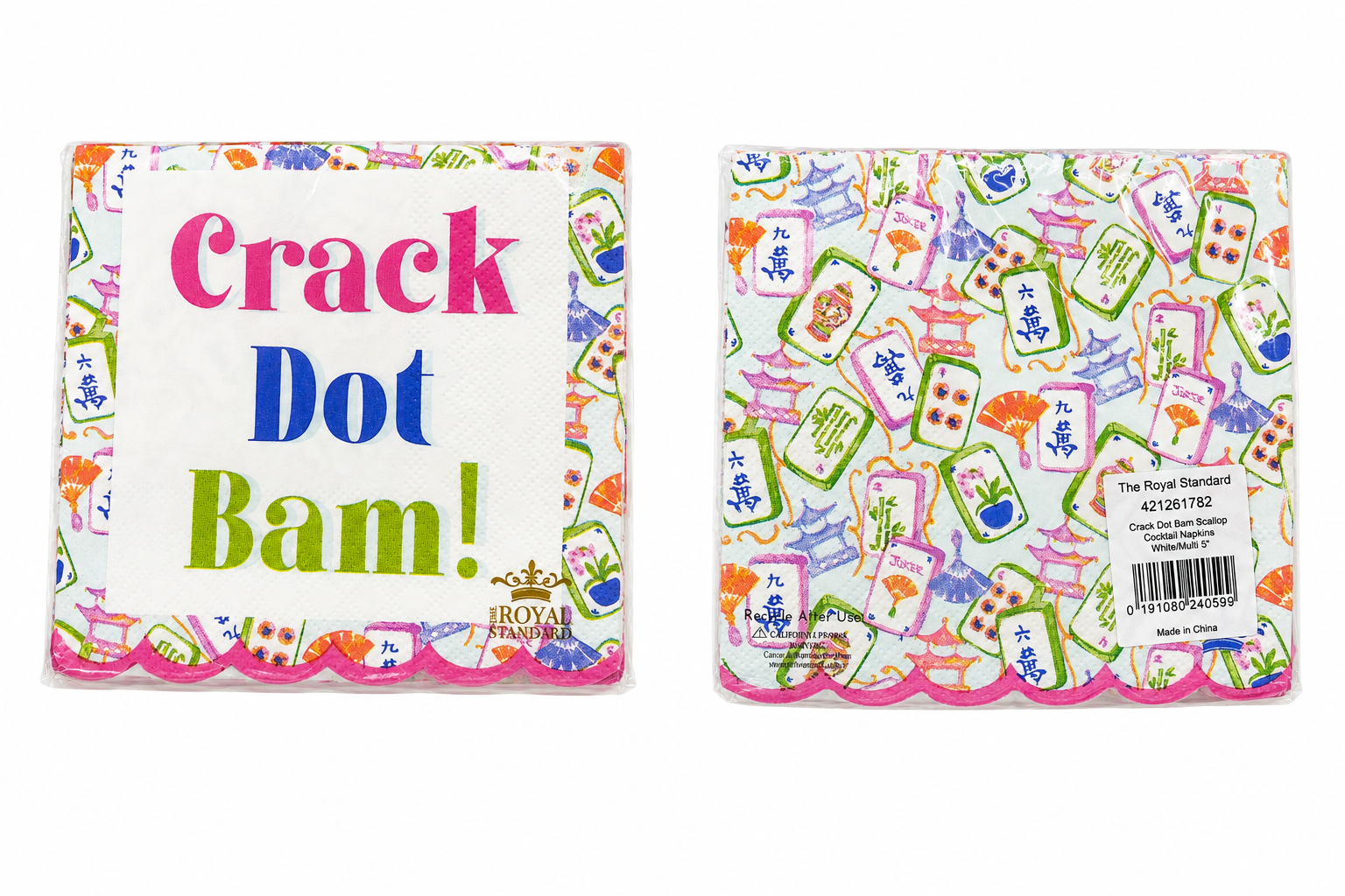 Add a touch of fun to your next gathering with The Royal Standard Crack Dot Bam Scallop Cocktail Napkins. This set from The Royal Standard includes two decorative cocktail napkins—one featuring the phrase “Crack Dot Bam!” in vibrant lettering, and the other showcasing a whimsical pattern of Mahjong tiles accented by a barcode sticker. Both napkins are finished with scalloped pink edges and display The Royal Standard logo, making them a perfect choice for hostess gifts or game night.