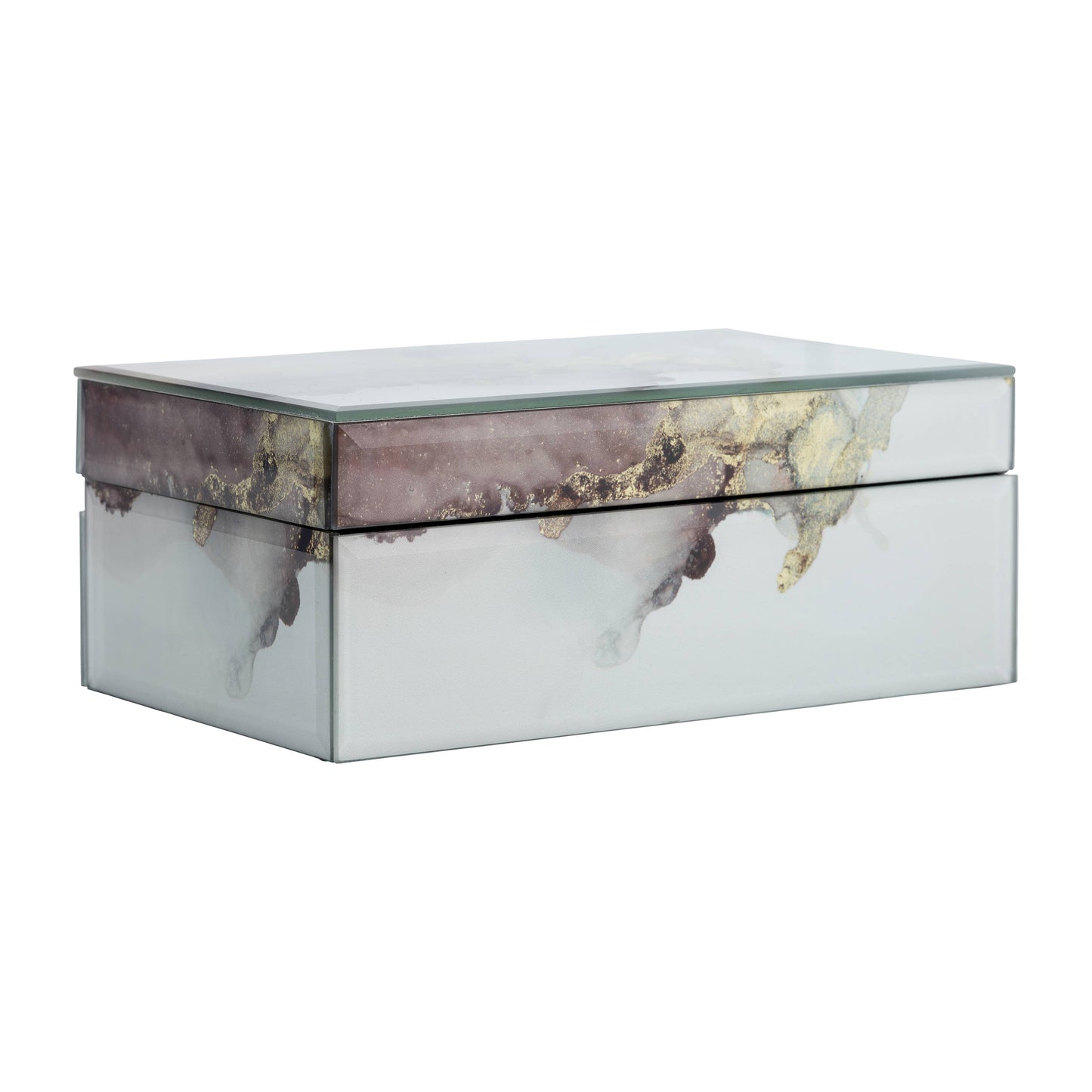 Sagebrook Home - Decorative Box - White/Beige/Gold Wood Abstract, 8x3 in.