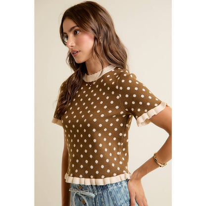 So Me - POLKA DOT RUFFLED SHORT SLEEVES SWEATER KNIT TOP