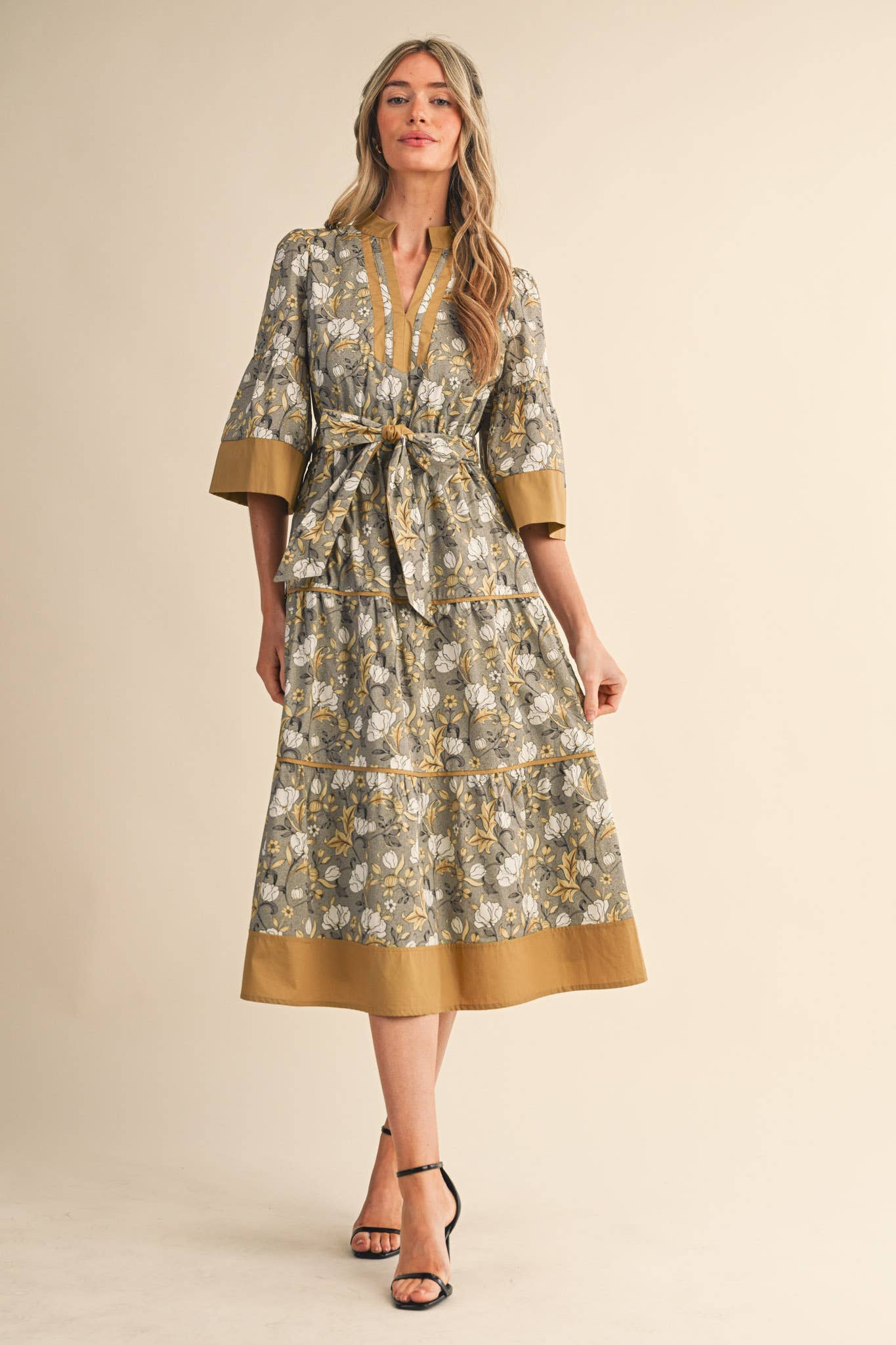 &MERCI - FLORAL PRINT CONTRAST BINDING BELTED MIDI DRESS