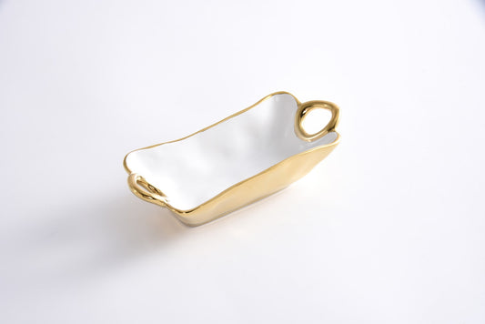 Pampa Bay Mini Rectangular Bowl in white porcelain with gold trim and handles