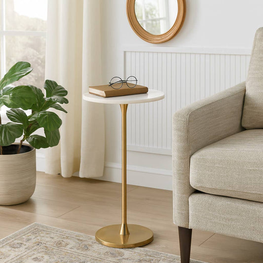 Sagebrook Home gold and white marble top end table styled in modern living room