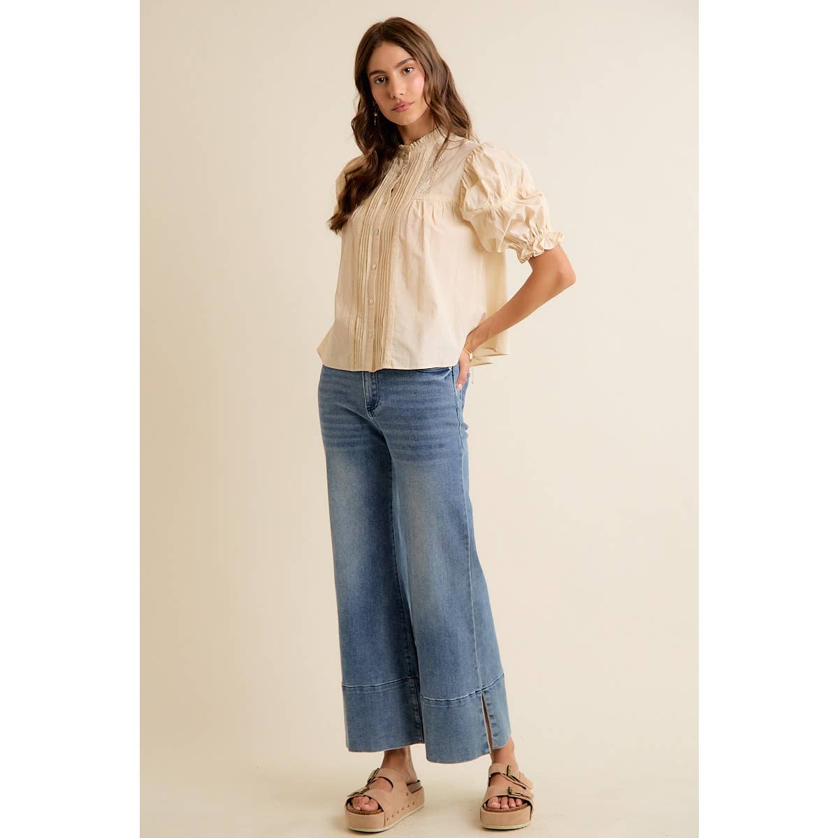 So Me - LACE PINTUCK BUTTON SHORT SLEEVES COTTON BLOUSE TOP