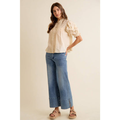 So Me - LACE PINTUCK BUTTON SHORT SLEEVES COTTON BLOUSE TOP