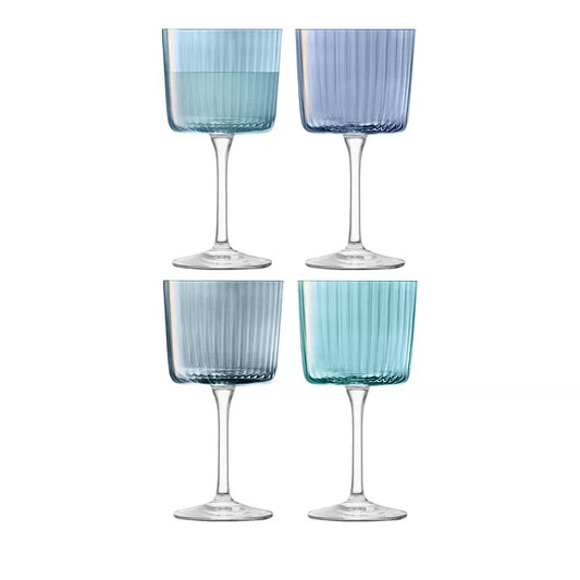 LSA Gems Wine Glasses in Sapphire, set of four with light blue and navy ribbed glass bowls on clear stems