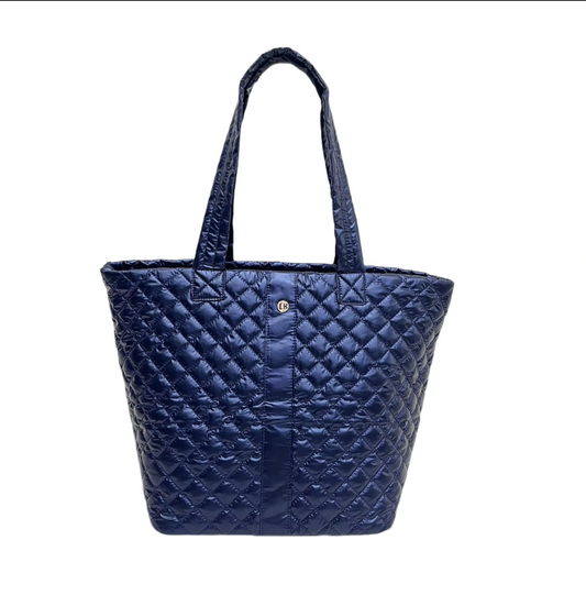 Lemonbella sapphire blue quilted diamond tote front view with long handles