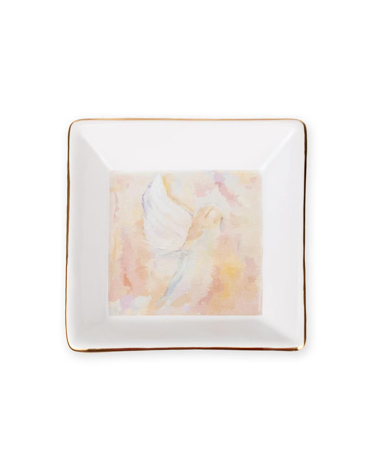 The Royal Standard Julianna Angel Trinket Dish by The Royal Standard is a square white ceramic jewelry holder with a gold rim, adorned with a delicate pastel angel illustration at its center. This elegant trinket dish adds a charming decorative touch to any dresser or vanity.