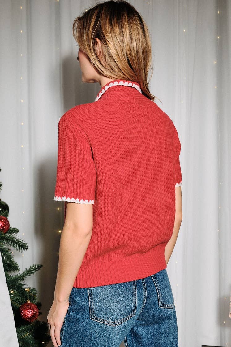 Sunday Edition by LE LIS - Whipstitch Contrast Trim Tie Neck Short Sleeve Sweater