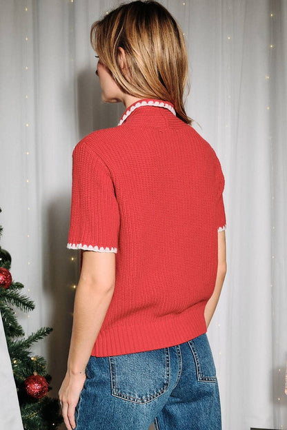 Sunday Edition by LE LIS - Whipstitch Contrast Trim Tie Neck Short Sleeve Sweater