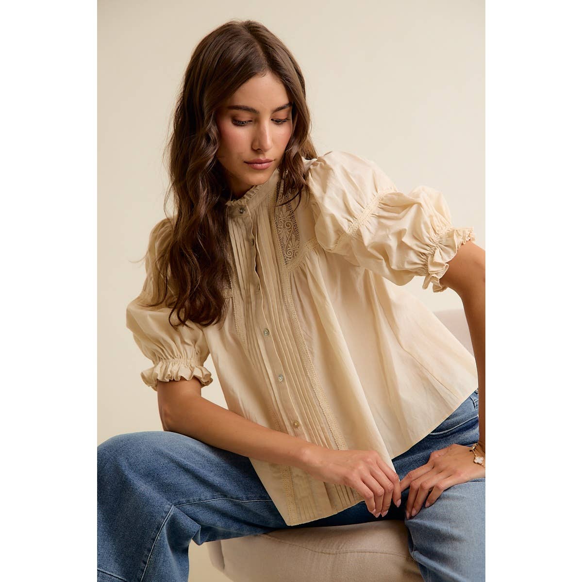So Me - LACE PINTUCK BUTTON SHORT SLEEVES COTTON BLOUSE TOP