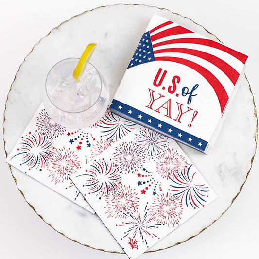 The Royal Standard US Of Yay Cocktail Napkins with flag and fireworks design styled with drink