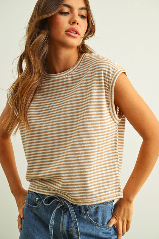MIOU MUSE stripe pattern slub top in tan and cream horizontal stripes with cap sleeves