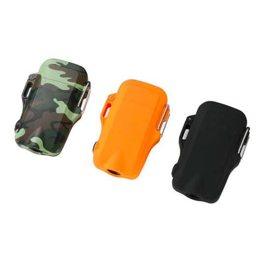 Three Mad Man Quad-Core Arc Spark Lighters in camouflage, orange, and black with carry cases