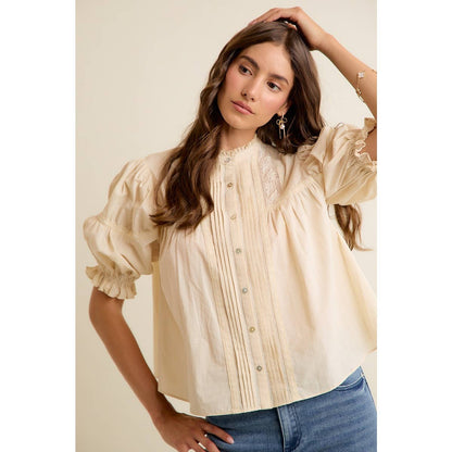 So Me - LACE PINTUCK BUTTON SHORT SLEEVES COTTON BLOUSE TOP