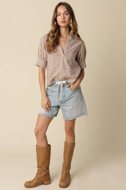 Olivaceous - Anni Gingham Puff Sleeve Blouse