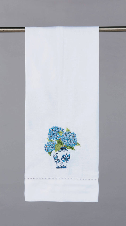 Peking Handicraft Blue Hydrangea guest towel hanging with embroidered blue flowers in decorative vase