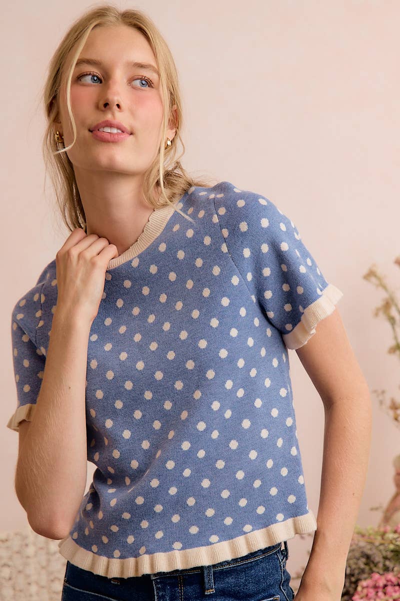 So Me - POLKA DOT RUFFLED SHORT SLEEVES SWEATER KNIT TOP