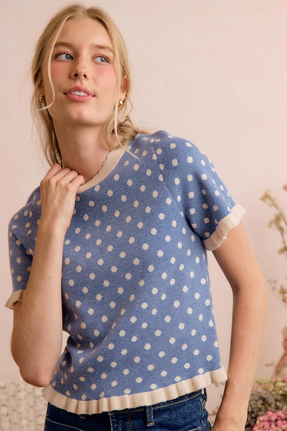 So Me - POLKA DOT RUFFLED SHORT SLEEVES SWEATER KNIT TOP