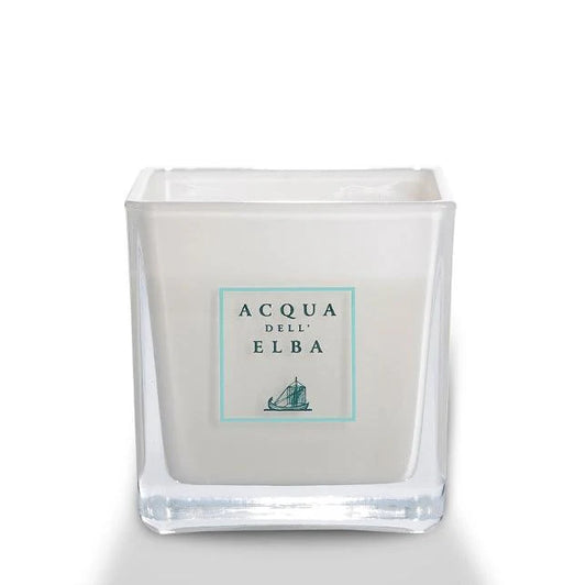 Acqua Dell Elba Mare Candle in white glass with turquoise label and sailboat motif