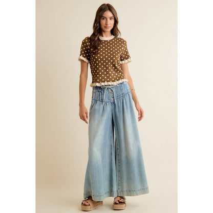 So Me - POLKA DOT RUFFLED SHORT SLEEVES SWEATER KNIT TOP