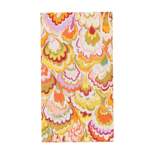 Caspari Marble Ceramic napkin with raspberry, chartreuse, yellow and pink scalloped floral pattern