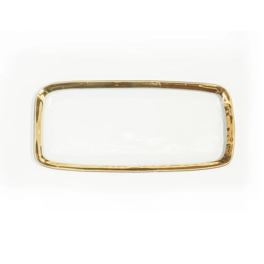 Annieglass Roman Antique rectangular tray with clear glass center and polished gold border