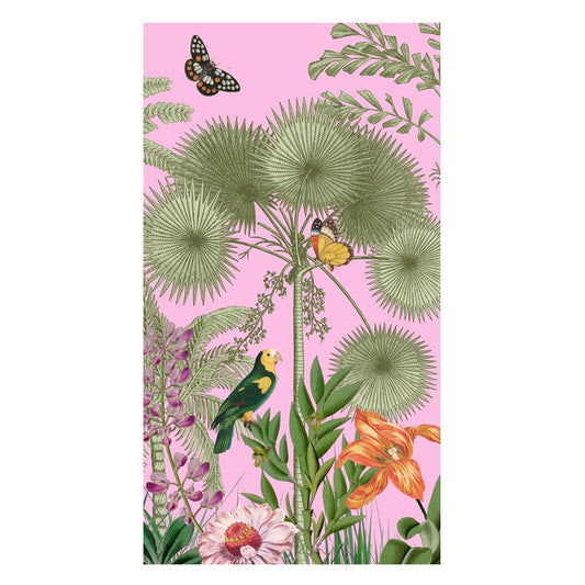 Caspari Paradise Garden Pink Guest Towel with tropical birds, fan palms and flowers on pink background