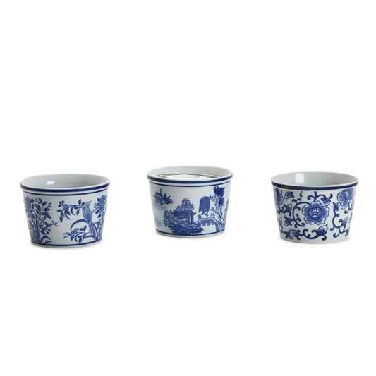 Three Two's Company blue and white deli containers with traditional chinoiserie patterns