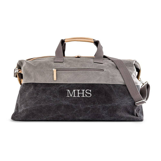 Weddingstar Inc. Large Canvas Travel Duffle Bag front view showing gray top, black bottom, and MHS monogram