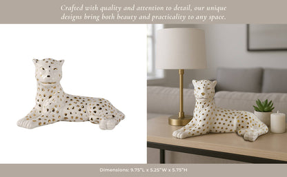 Sagebrook Home - Figurine White/Gold Ceramic Leopard Lying Down, 10 in.