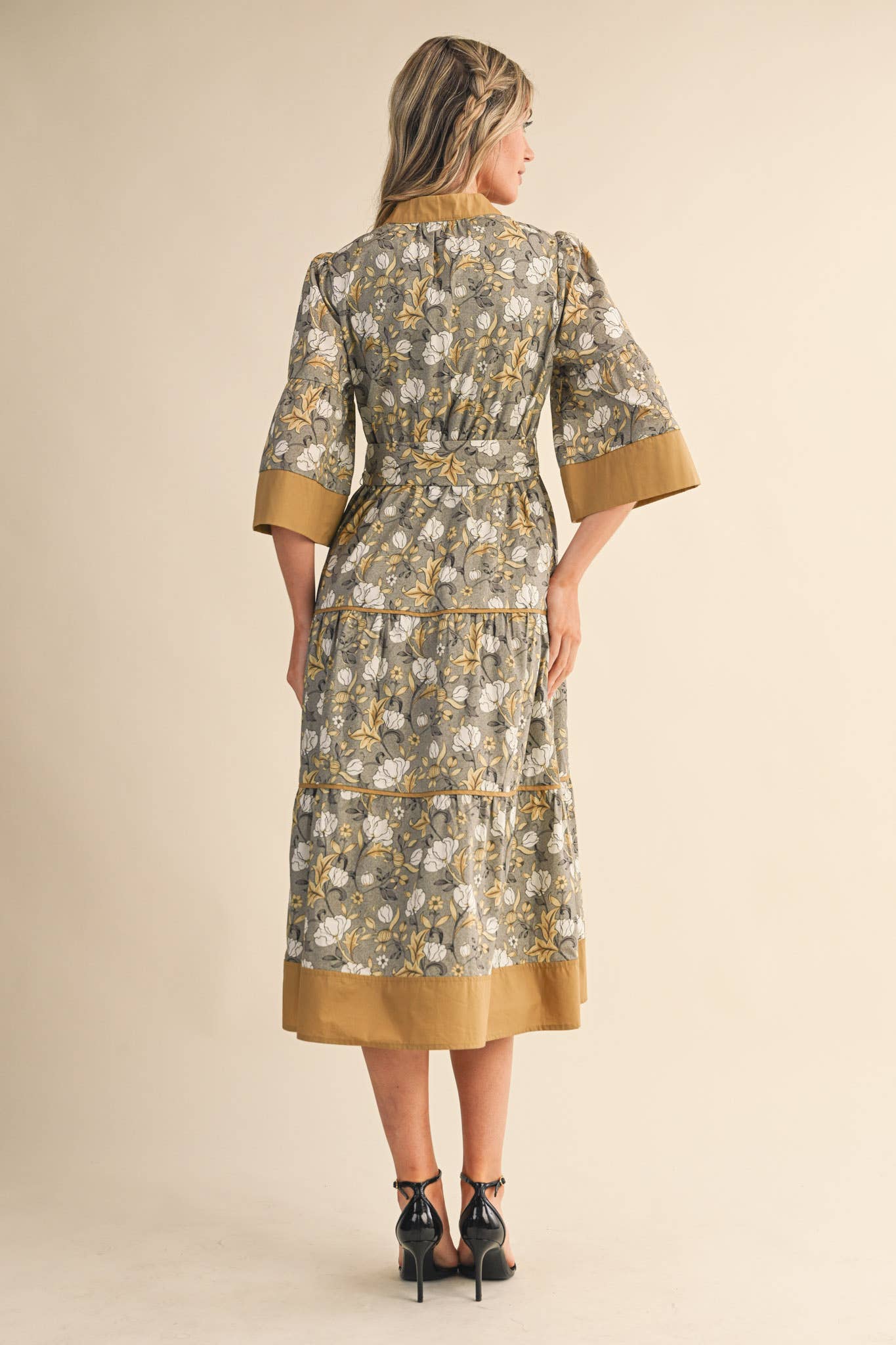 &MERCI - FLORAL PRINT CONTRAST BINDING BELTED MIDI DRESS